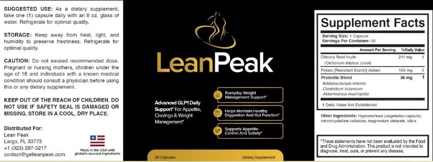 LeanPeak supplement facts panel – full ingredients list